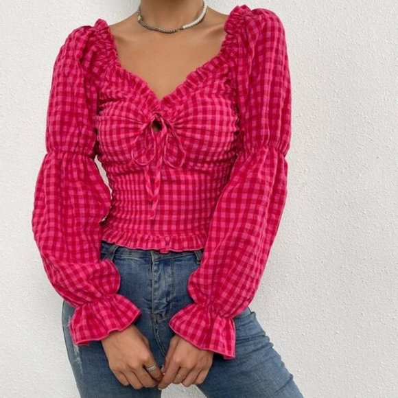 Pink Gingham Drawstring detail Frill Trim Shirred Blouse Top - Picture 6 of 6